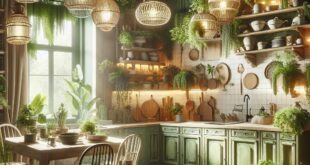 Illuminate Your Boho Green and Beige Kitchen with Kichler Lighting