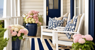 Nautical Charm: Navy and Beige Porch Patio Pops with Colorful Flowers