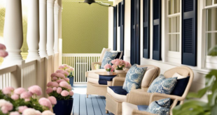 Navy & Beige Porch Charm: Adding Colorful Flowers for Perfect Decor